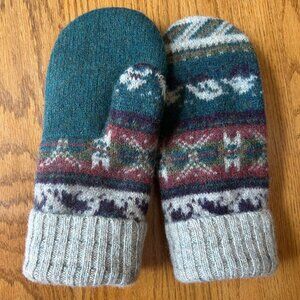 100% Felted Wool Mittens - Multi Color/Green Print Handcrafted